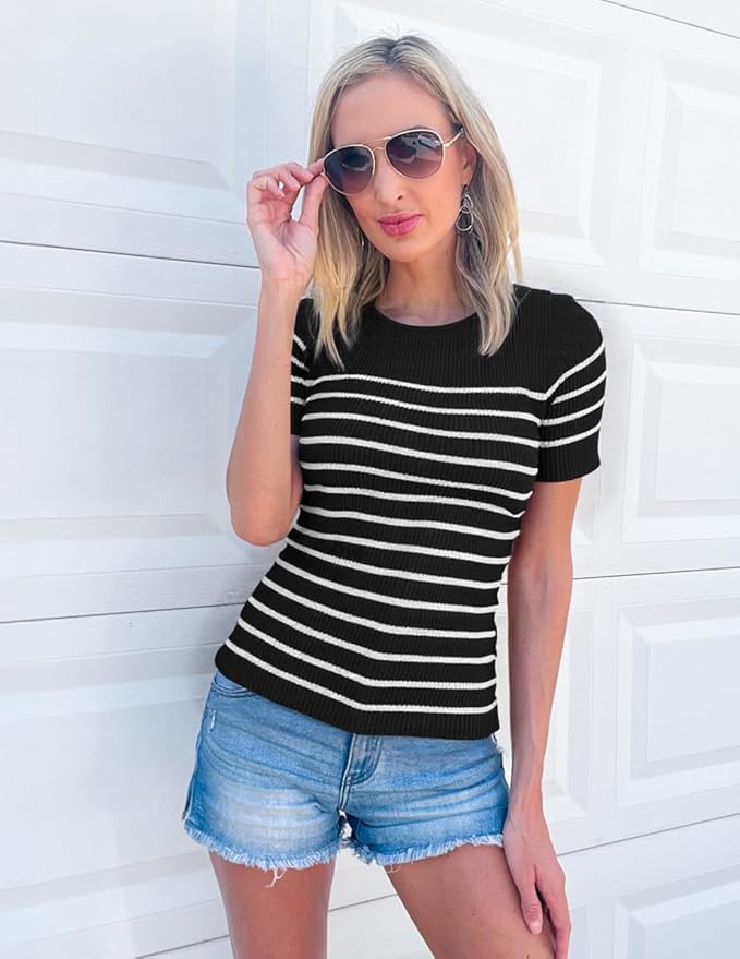 ZESICA Women's Short Sleeve Crewneck Striped T Shirt 2026 Summer Ribbed Knit Slim Fit Casual Basic Tee Tops