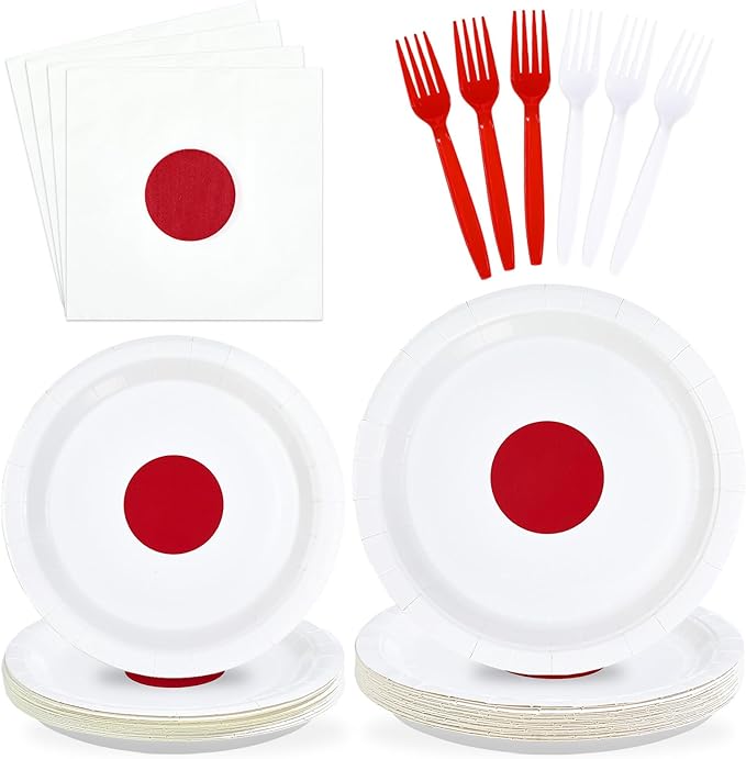 Greencian 96Pcs Japan Flag Party Decorations Hibachi Asian Japanese Style Plates and Napkins Hinomaru Flag Tableware Set for Japan Themed Party Supplies，Serves 24