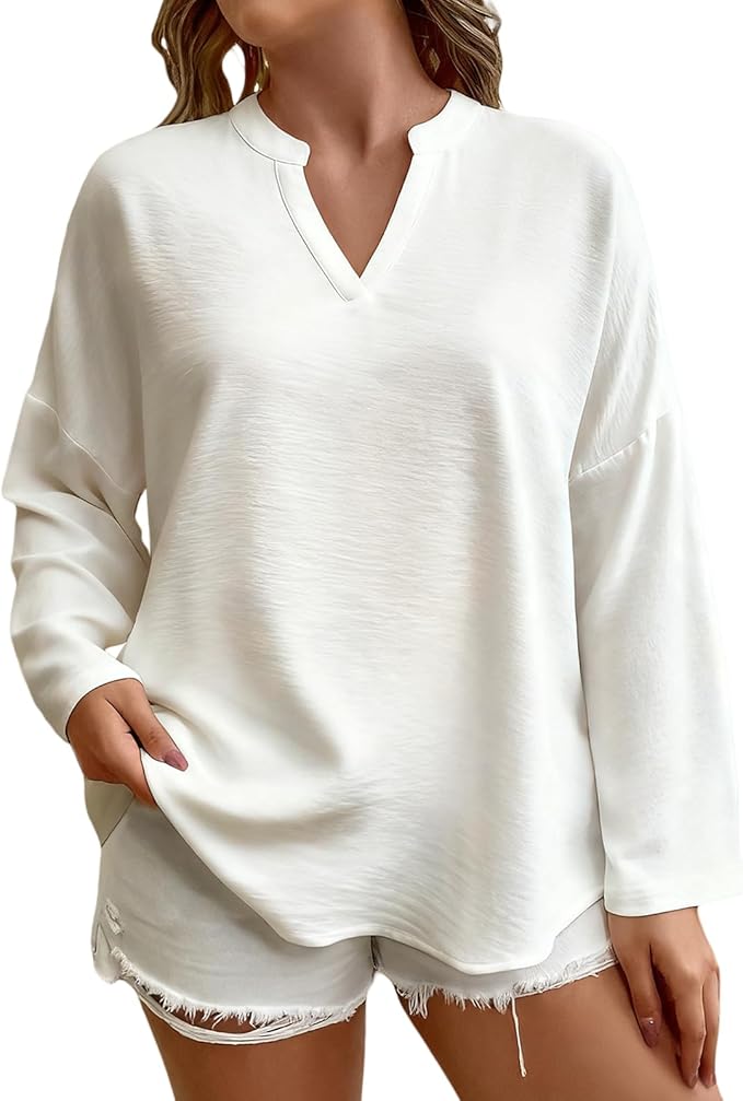Elegant Shirts for Women Solid Color Long Sleeve V Neck Blouses Loose Comfy Business Work Casual Pullover Tops