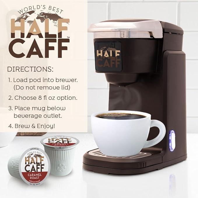 World's Best Half Caff Caramel Coffee Pods, 18 ct, Medium Roast Flavored Coffee in Recyclable Single Serve Pods – 100% Arabica Beans, Compatible with Keurig K Cups Maker