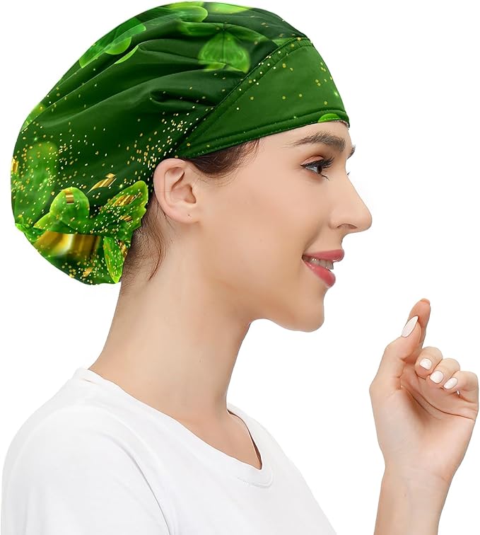 Women's Working Cap Green Clovers Golden Adjustable Working Hats with Sweatband and Elastic Toggle Head Cover