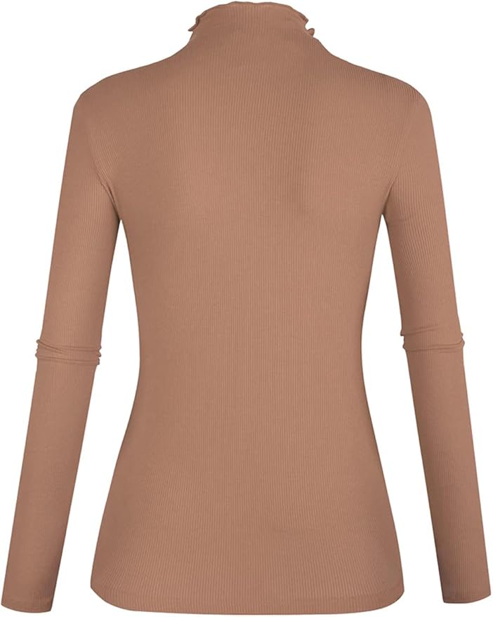POPZONE Women's Lettuce Trim Mock Neck Long Sleeve Slim Fit Ribbed Knit Tee Shirt Tops