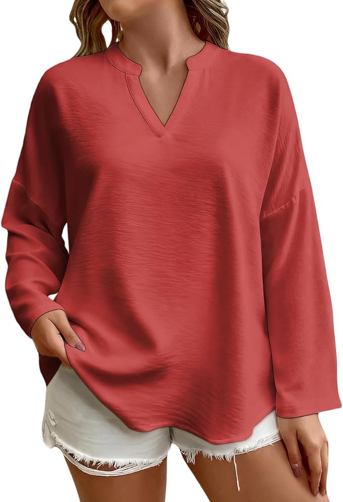 Elegant Shirts for Women Solid Color Long Sleeve V Neck Blouses Loose Comfy Business Work Casual Pullover Tops