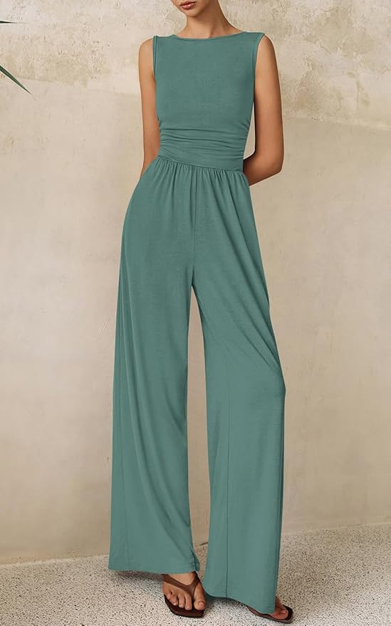PRETTYGARDEN One Piece Jumpsuits for Women Dressy Casual Sleeveless Crewneck Wide Leg Rompers Jumpers Vacation Summer Outfits