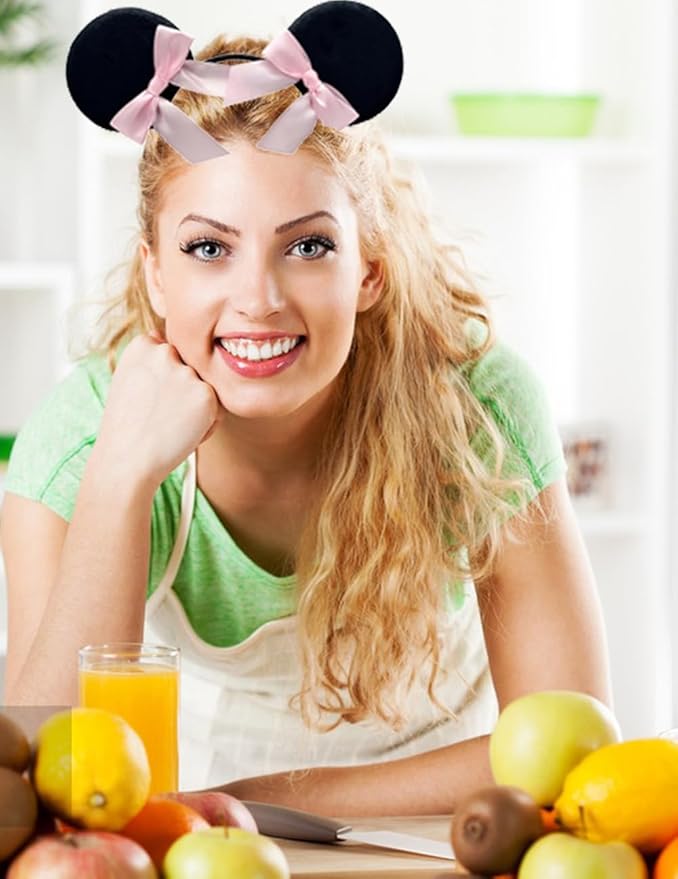 WW-WONDERFULWORLD Classic Styles Mouse Ears Headbands With 2 Pink Bows, for Theme Park Wearing, Women Costume Cosplay Party, Black; FG-BK