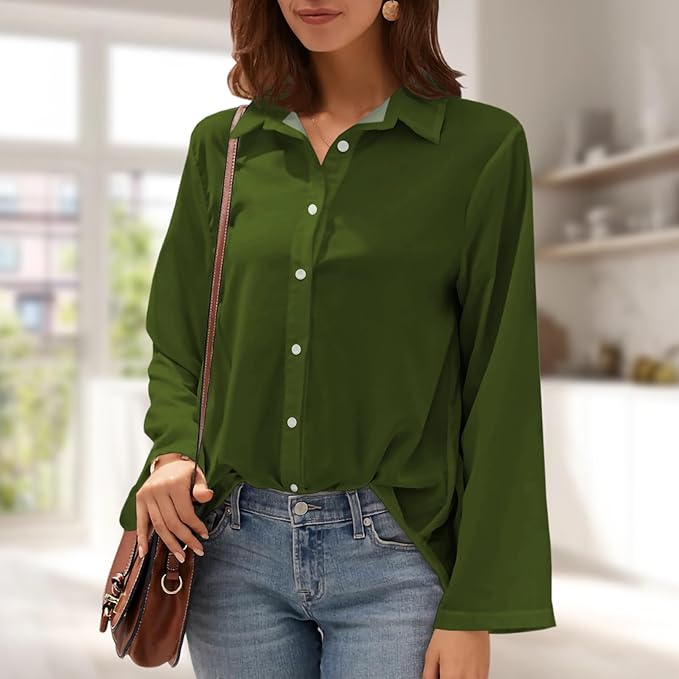 Womens Classic Shirts Casual Button Solid Color Long Sleeve Work Blouse Collared Relaxed Fit Summer Tops