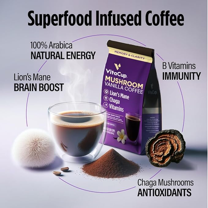 VitaCup Mushroom Coffee Grounds, Vanilla Flavored Coffee with Lions Mane, Chaga, B Vitamins, D3, Boost Focus, Immunity, Memory & Clarity, Medium Dark Roast, 100% Arabica Specialty, 2 bags, 10 oz each