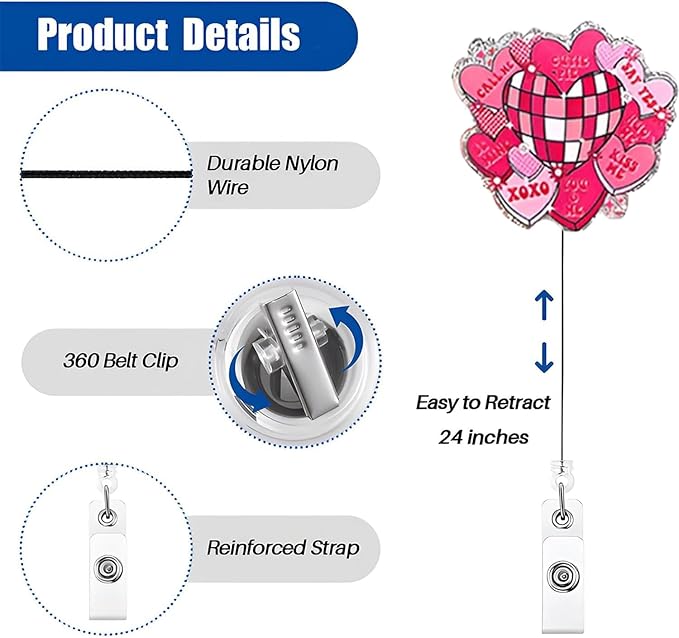 Valentine's Badge Reels Pink Heart Badge Reels Retractable Acrylic Glitte Retractable Badge Holder with 360 Rotating Clip Heart Badge Clip Valentines Holiday ID Badge Holder for Nurse Doctor Gift