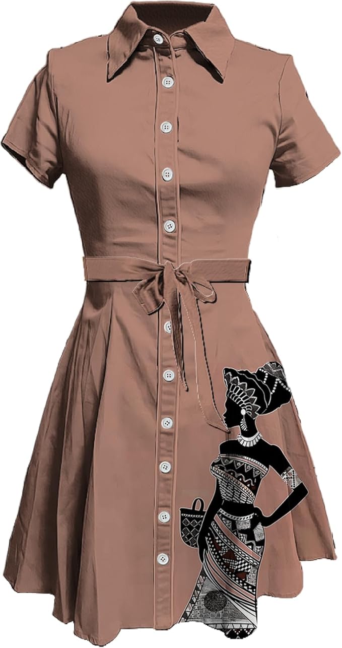 MARSVOVO Vintage Retro Shirt Dress for Women Short Sleeve Button Down Tie Waist Elegant Smocked Knee Length Dress