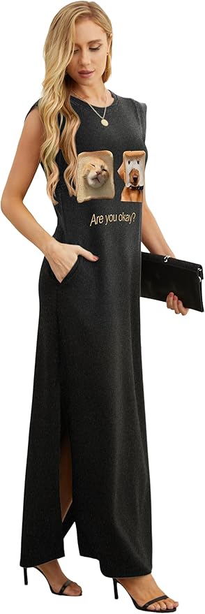 GRECERELLE 2026 Women Year-Round Casual Round Neck Loose Split Wrinkle-Free Long Maxi Vacation Dress with Pockets (XXS-4XL)