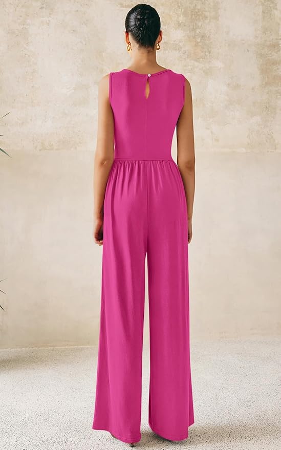 PRETTYGARDEN One Piece Jumpsuits for Women Dressy Casual Sleeveless Crewneck Wide Leg Rompers Jumpers Vacation Summer Outfits