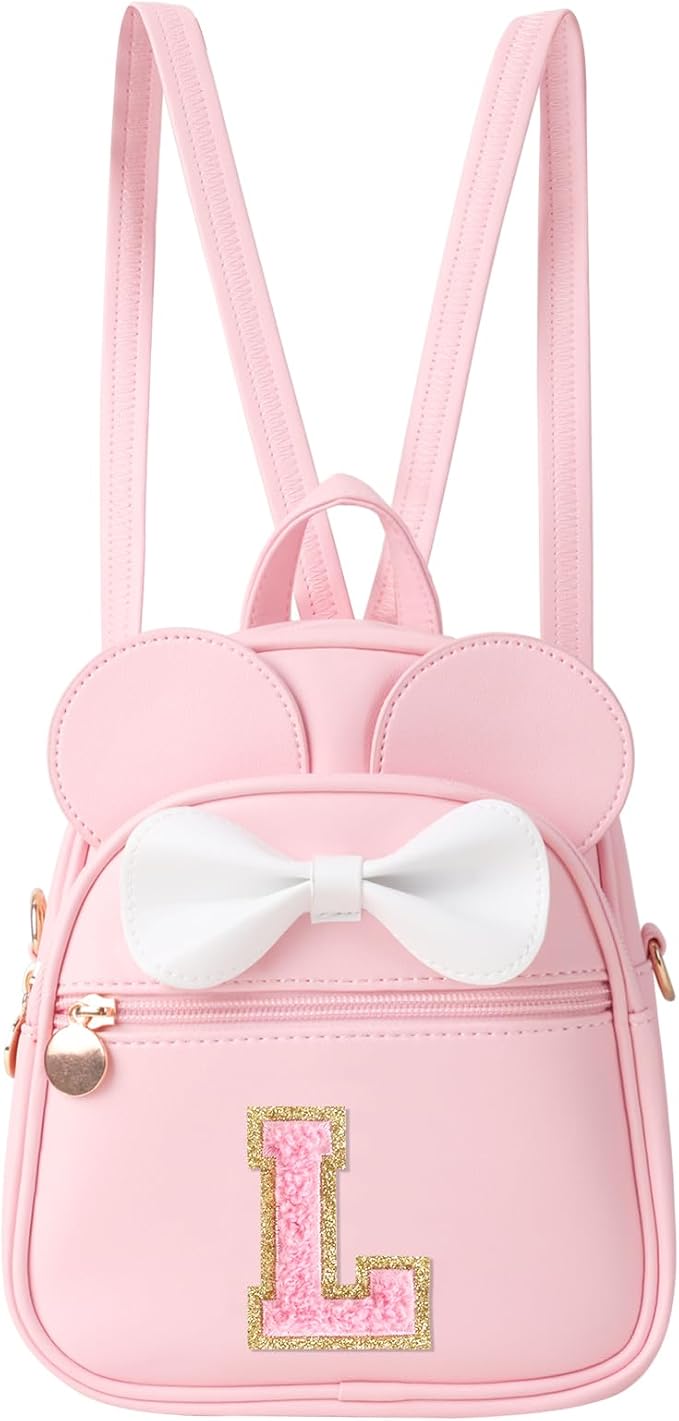 UIXIZQ Personalized Toddler Backpack for Girls 3–10, Cute Mini Bowknot Mouse-Ear Toddler Bookbag Crossbody Purse, Small Daypack Wallet Set, Initial Birthday Gift, Trendy Little Kids/Teen Bag(Pink,L)