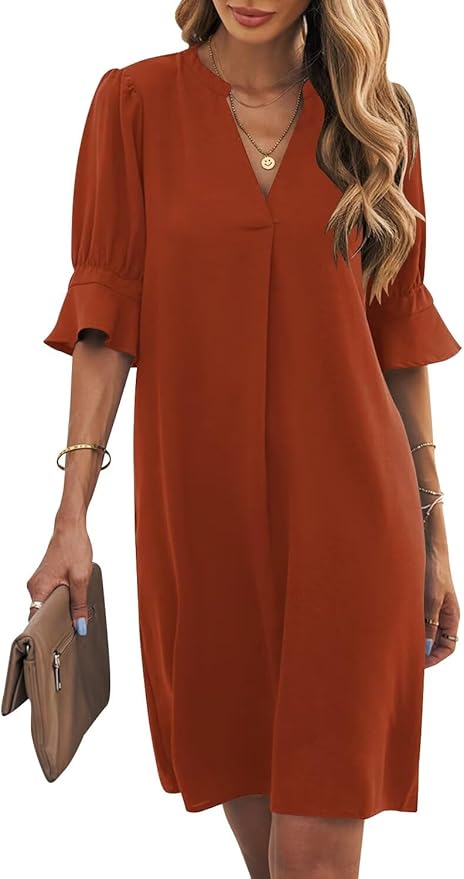 Wkior Shift Dress for Women V Neck Short Sleeves Solid Color Casual Flowy Summer Dresses(S-2XL)