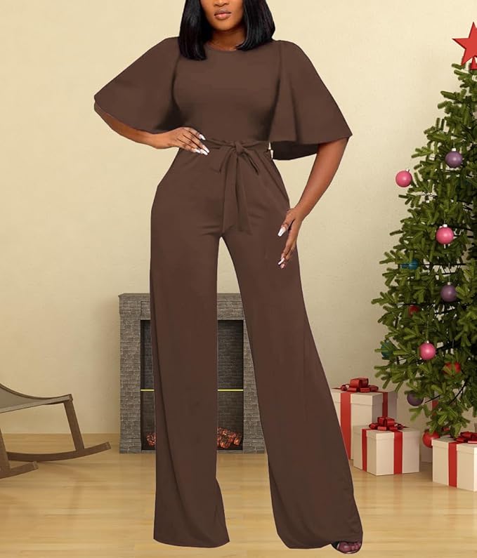 BessCops Womens Loose Short Sleeve Belted Wide Leg Pant Romper Jumpsuit Casual Business One Piece Outfits