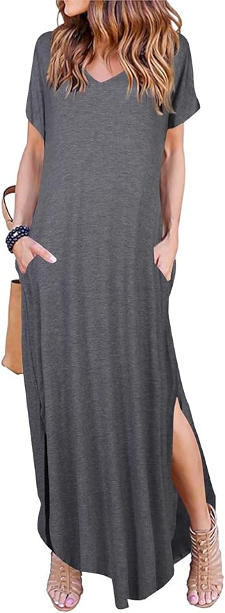 Arolina Women's Summer Maxi Dress Short Sleeve V Neck Casual Loose Long Beach Split Dresses with Pockets