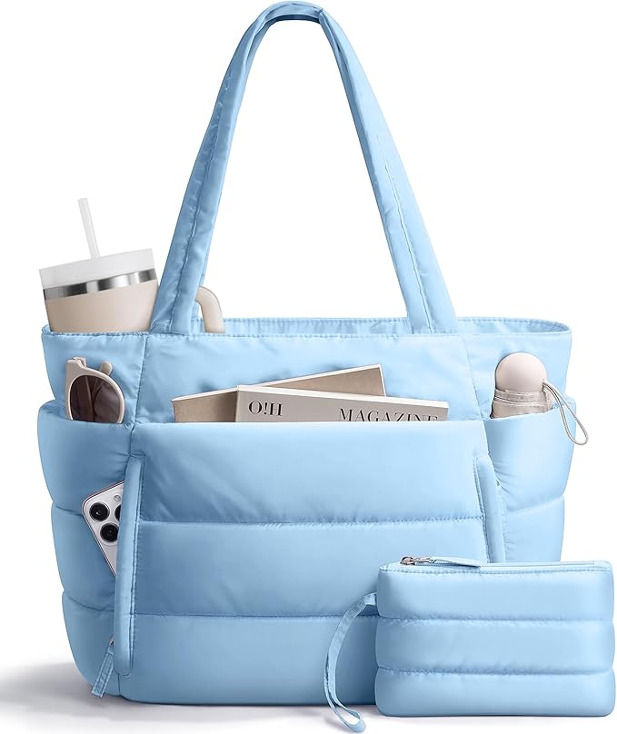 Puffer Tote Bag for Women, Lightweight Puffy Work Handbag Teacher Nurse Quilted Shoulder Bag for School Travel Gym | Quilted, with Zipper, Daily Carry On Bags, Comfy College Bags, 15.6" Laptop Sleeve, Cup Holder Pocket, Portable, Spacious