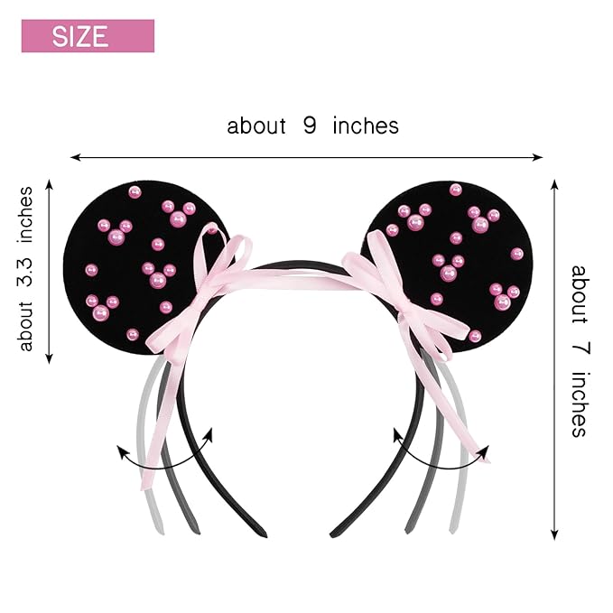 bianbaistar Black Velvet Mouse Ears Headband, Pink Pearl Accents for Theme Park Visit & Parties