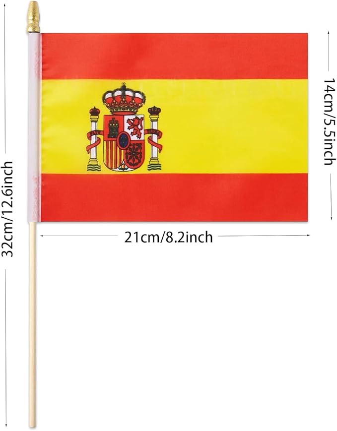 GSYLPFT 12 Pack Spanish Flags on Sticks Spain Small Mini Hand Held Flags for Office Classroom Holiday Party Decorations
