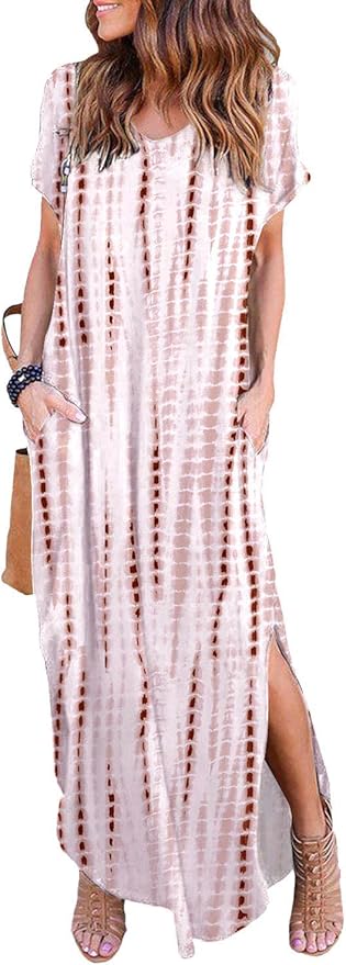 Arolina Women's Summer Maxi Dress Short Sleeve V Neck Casual Loose Long Beach Split Dresses with Pockets