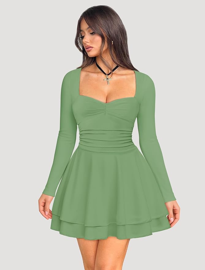 IWD Women's Square Neck Long Sleeve Mini Dress Ruched Corset Waist Tiered Ruffle Hem A Line Short Party Dresses