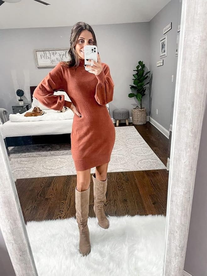 GRECERELLE 2026 Women's Mock Neck Ribbed Long Sleeve Bodycon Pullover Cute Mini Sweater Dress (XS-2XL)