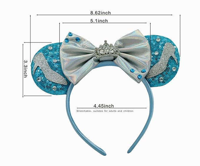 WW-WONDERFULWORLD Shiny Mouse Ears Headbands With Grey Bows & Crown & Sequin, for Mermaid Cinderella Costume Cosplay Glitter Party, Blue; 2GGX