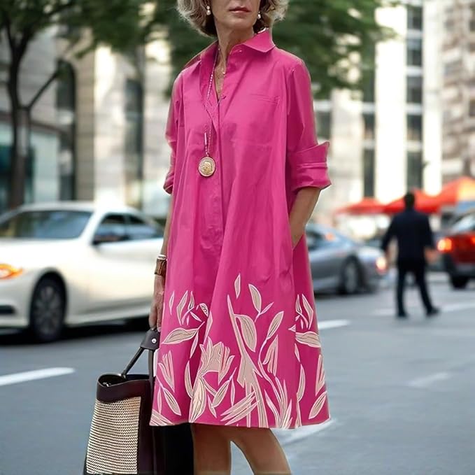 Womens 2025 Long Sleeve Button Down Shirt Summer Dress Casual V Neck Loose Fit Midi Shirt Dresses with Pockets