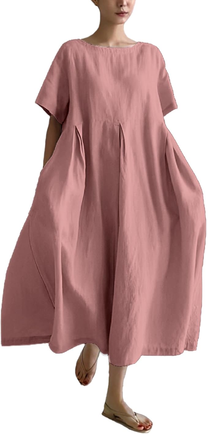 MARSVOVO Patchwork Flowy Dresses for Women Plus Size Loose Casual Tunic Dress Elegant Crewneck Maxi Dresses with Pockets