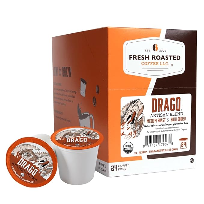 Fresh Roasted Coffee, Organic Drago Café Blend | USDA Organic, Kosher | Medium Roast 24 Pods for K Cup Brewers