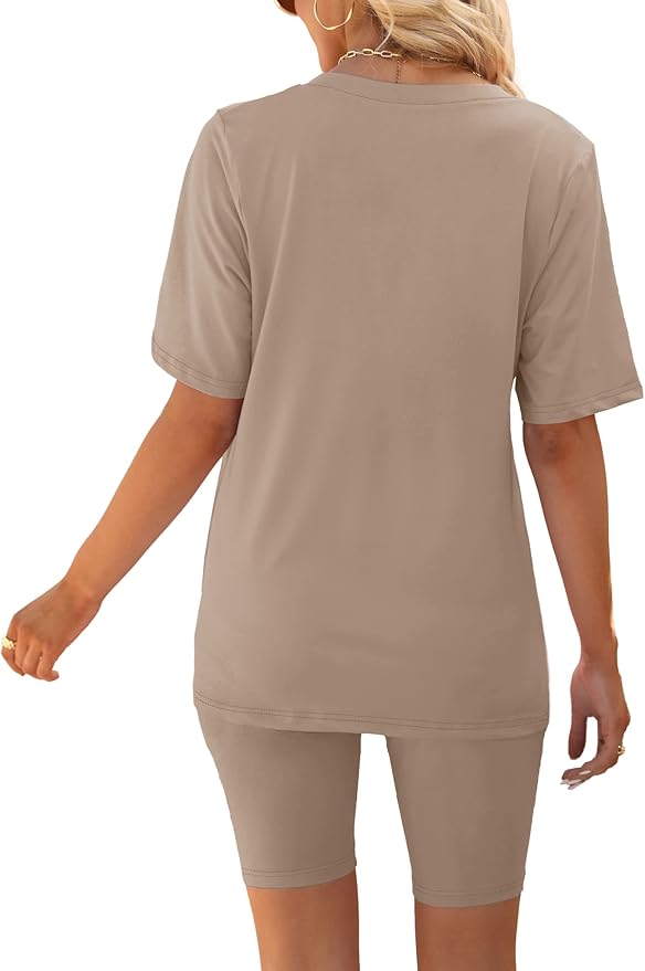 AGSEEM Two Piece Outfits For Women Summer V Neck T-Shirt Tops Biker Shorts Workout Sports Tracksuit