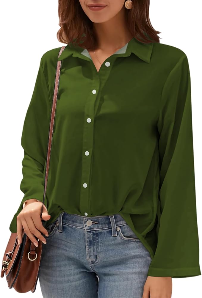 Womens Classic Shirts Casual Button Solid Color Long Sleeve Work Blouse Collared Relaxed Fit Summer Tops