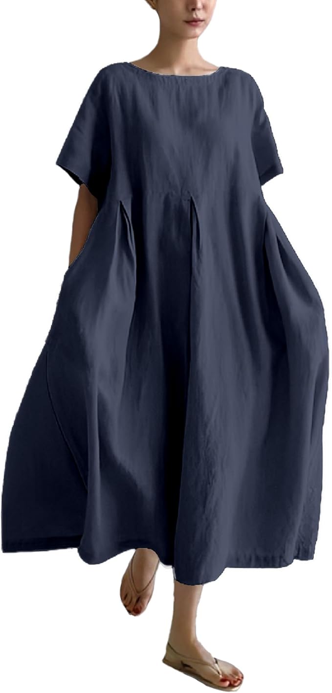 MARSVOVO Patchwork Flowy Dresses for Women Plus Size Loose Casual Tunic Dress Elegant Crewneck Maxi Dresses with Pockets