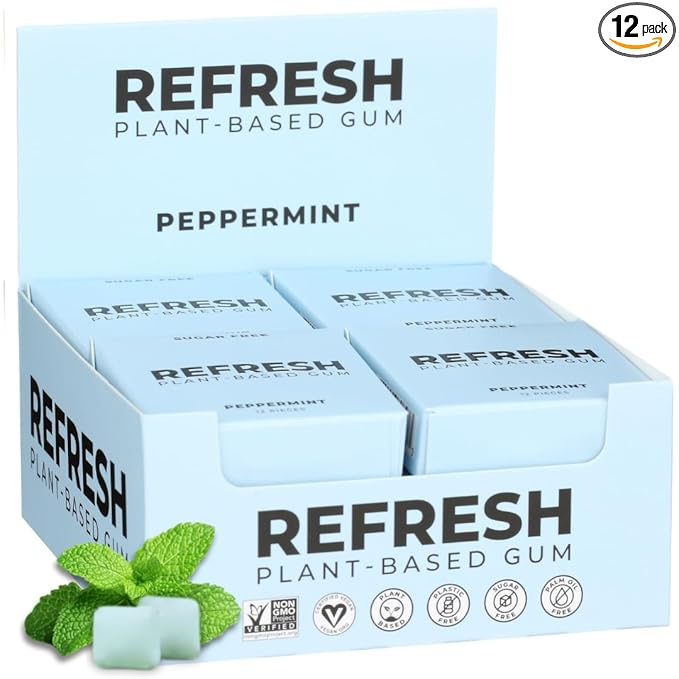 Refresh Gum, Sugar Free, Natural, Xylitol, Long Lasting Chewing Gum, Natural Flavors, Organic Ingredients, Plastic Free, Non GMO, Gluten Free, Vegan (12 Count (Pack of 12), Peppermint)