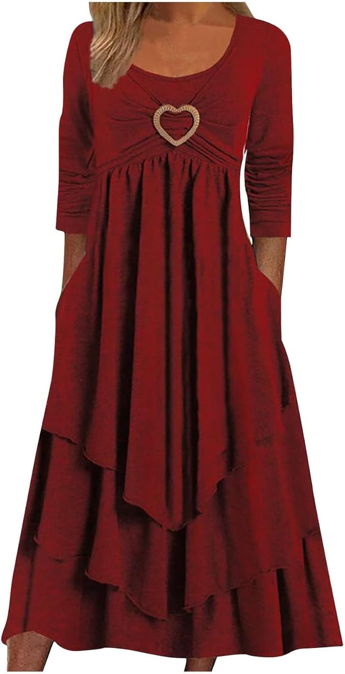 Winter Dresses for Women Wedding Guests Casual Cute Heart Long Sleeve Tiered Maxi Dress with Pockets Plus Size