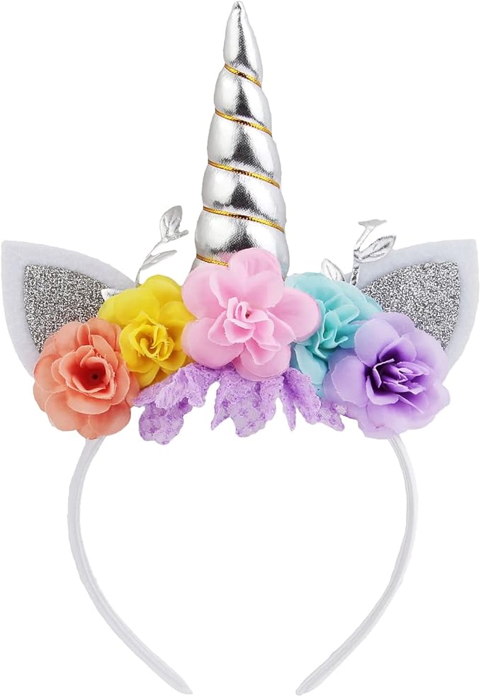 Nishine Unicorn Horn Floral Headband Glitter Ears Pony Head Bands Tiara for Girls Party Birthday Cosplay