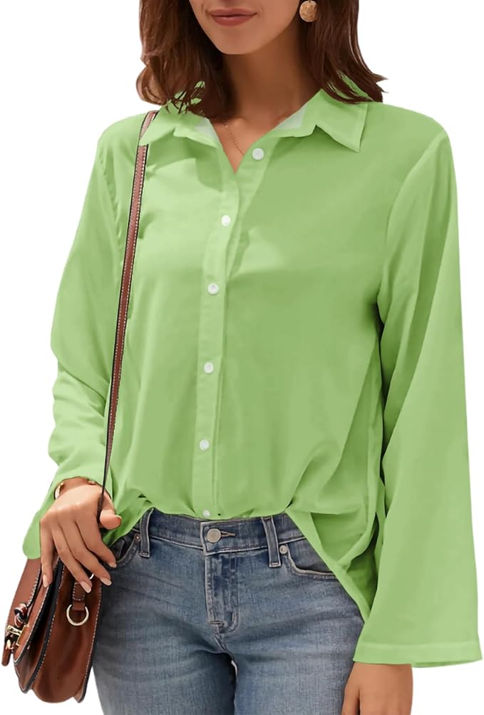 Womens Classic Shirts Casual Button Solid Color Long Sleeve Work Blouse Collared Relaxed Fit Summer Tops