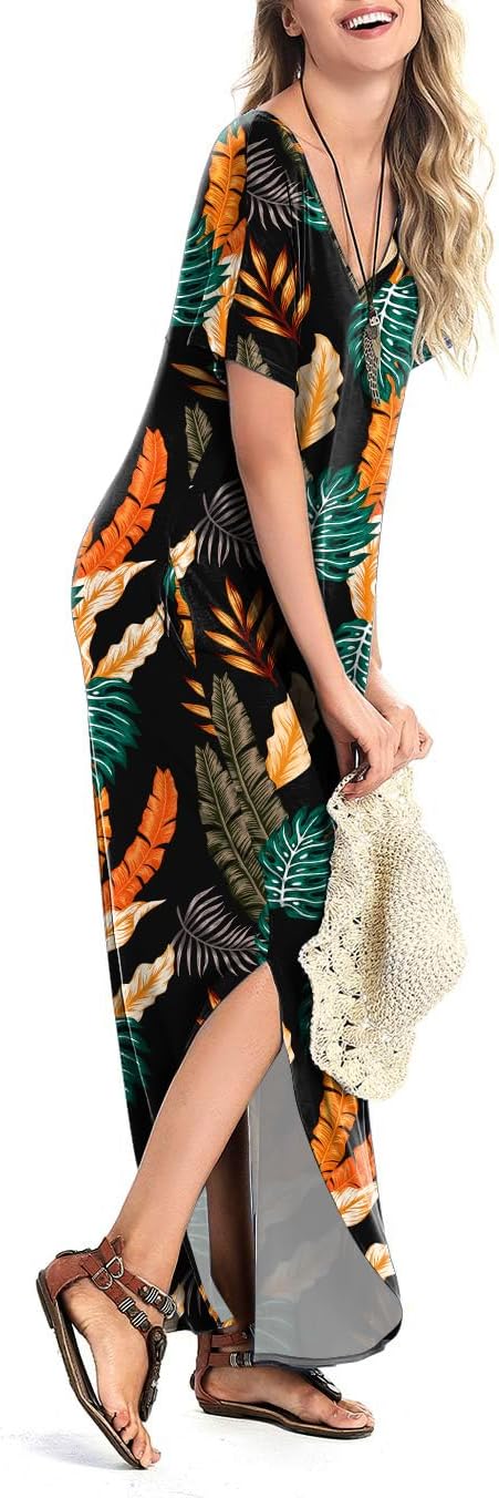 Arolina Women's Summer Maxi Dress Short Sleeve V Neck Casual Loose Long Beach Split Dresses with Pockets
