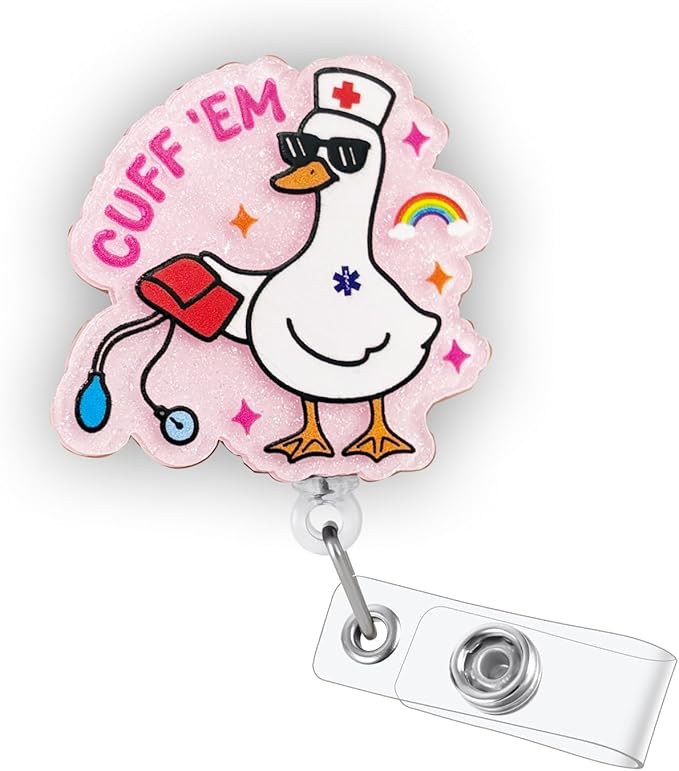 Pink Cuff 'Em Funny Goose Nurse Badge Reel, Cute Medical Retractable Badge Holder Clip, Name Tag Work Badge Buddy for RN LPN CNA MA Nursing Student Doctor Teacher, Nurse Gifts