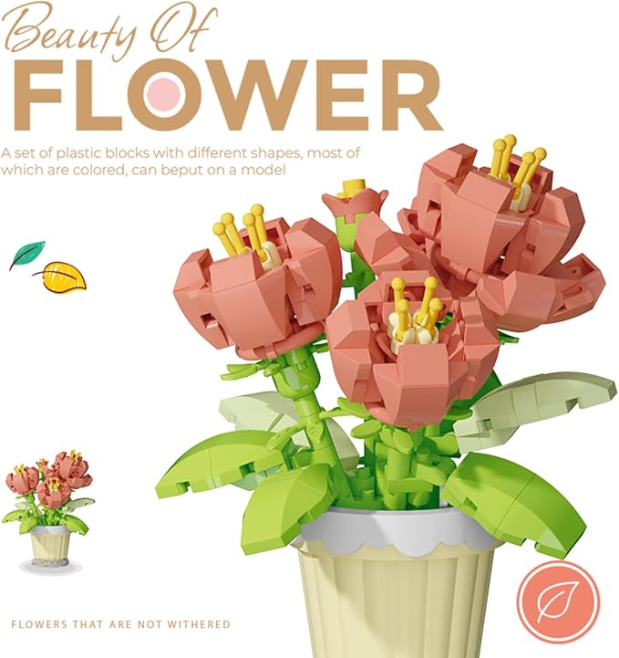 Jollcnoia Peony Mini Flower Potted Plant Bonsai Building Toy Blocks Particle Flower Botanical