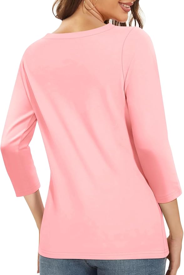 PGANDS Women's 3/4 Length Sleeve T Shirts Button Down Scoop Neck Casual Tops