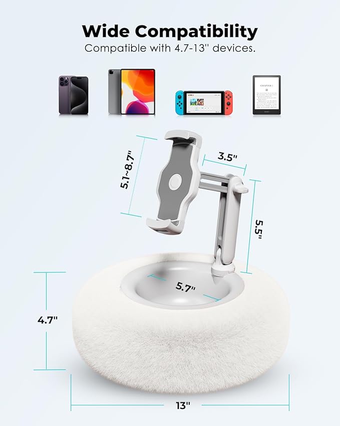 Viozon Tablet Stand Pillow, Compatible with 4.7"-13" Phone/Tablet, iPad, iPhone, Samsung, Google, Kindle, 360°Adjustable Phone Holder for Bed with Soft Plush Fabric, and Detachable Bowl, White