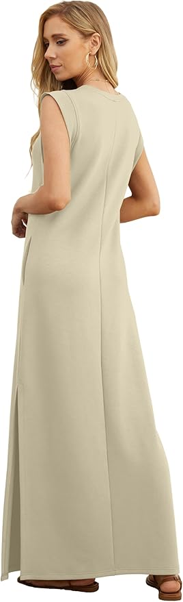 GRECERELLE 2026 Women Year-Round Casual Round Neck Loose Split Wrinkle-Free Long Maxi Vacation Dress with Pockets (XXS-4XL)