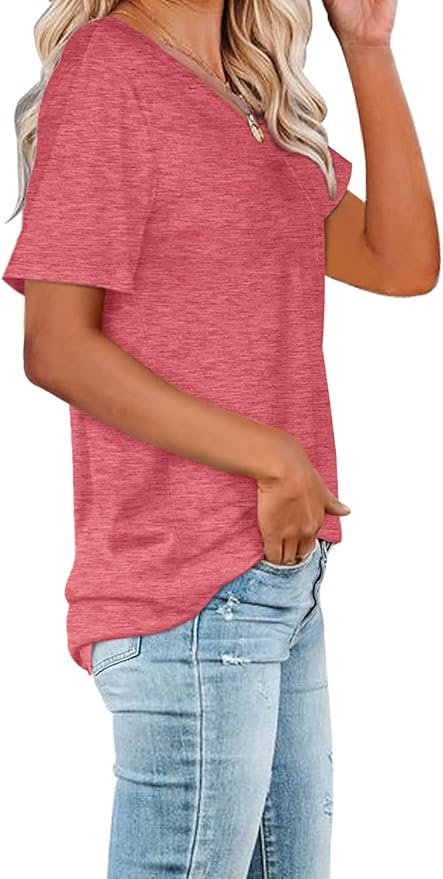 WIHOLL Women Summer T Shirts Short Sleeve Rounded V Neck Pocket Tee Tops