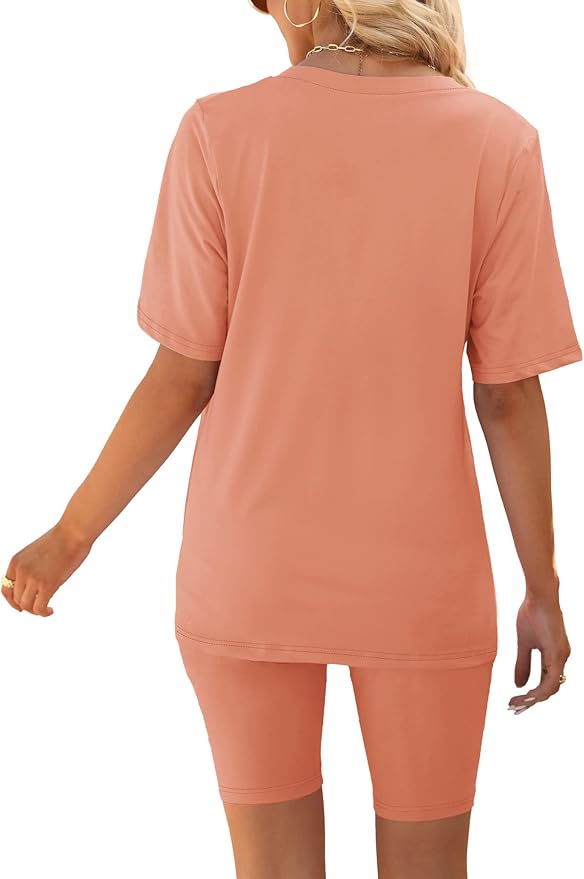 AGSEEM Two Piece Outfits For Women Summer V Neck T-Shirt Tops Biker Shorts Workout Sports Tracksuit