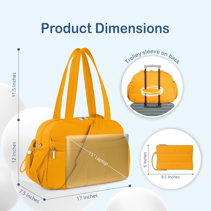 TOPDesign Travel Duffel Bag for Women, Puffer Gym Bag Sports Tote with Wet Pocket, Carry On Weekender with Luggage Sleeve (Golden Yellow)