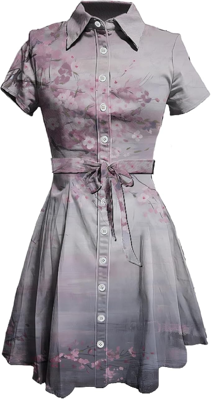 MARSVOVO Japanese Art Shirt Dresses for Women Short Sleeve Ruffle Button Down Tie Waist Trendy Elegant Midi Dress