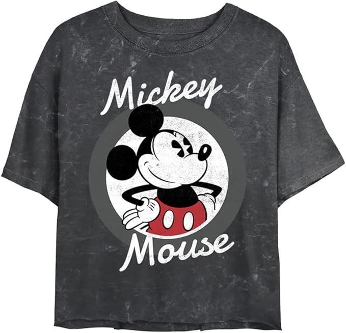 Disney Womens Disney Characters Mickey Mouse 28 Women's Mineral Wash Short Sleeve Crop Tee