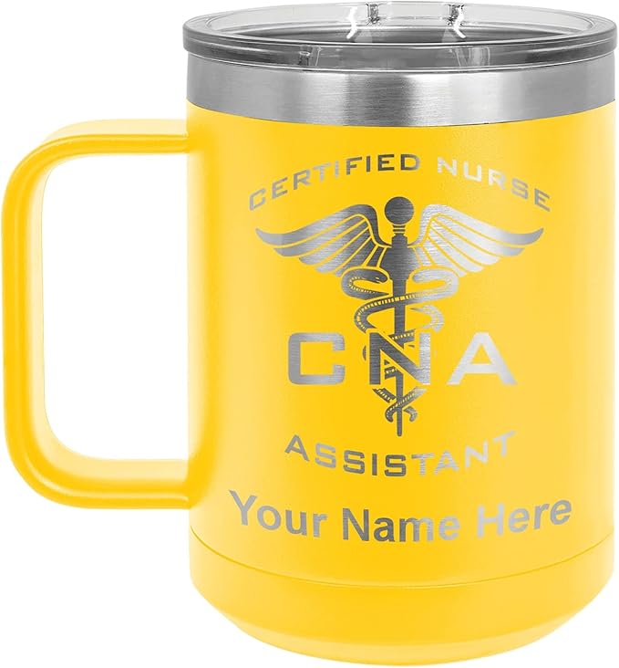 LaserGram 15oz Vacuum Insulated Coffee Mug, CNA Certified Nurse Assistant, Personalized Engraving Included (Yellow)