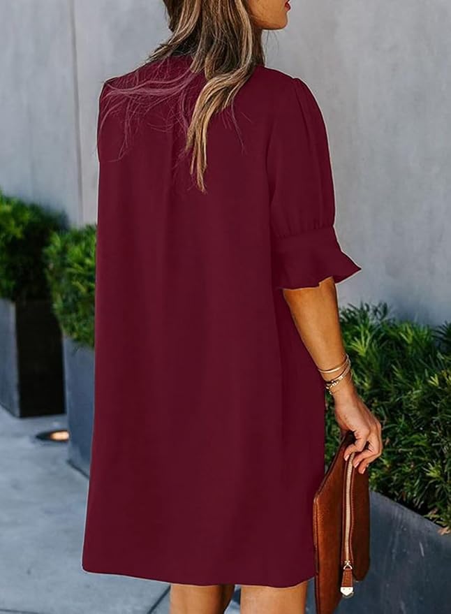 QACOHU Summer Dresses for Women V Neck Ruffle Short Sleeve Casual Shift Dress