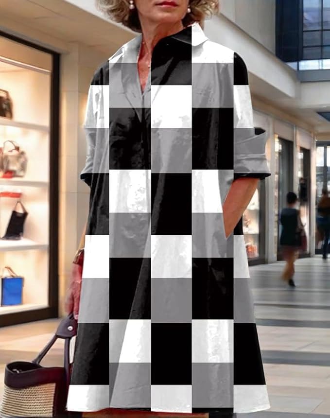 Womens 2025 Long Sleeve Button Down Shirt Summer Dress Casual V Neck Loose Fit Midi Shirt Dresses with Pockets